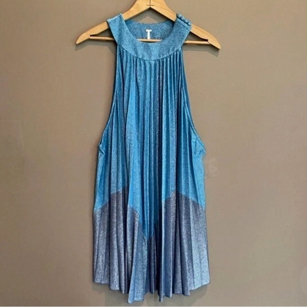 Free People High Necked Mod Themed Retro Shimmer Blue Mini Dress Size XL